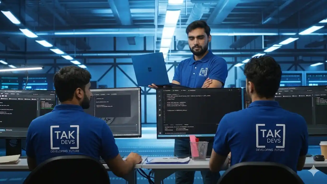 Team of software developers working together, with one holding a laptop while others are coding, showcasing collaboration and innovation in a tech-driven environment.