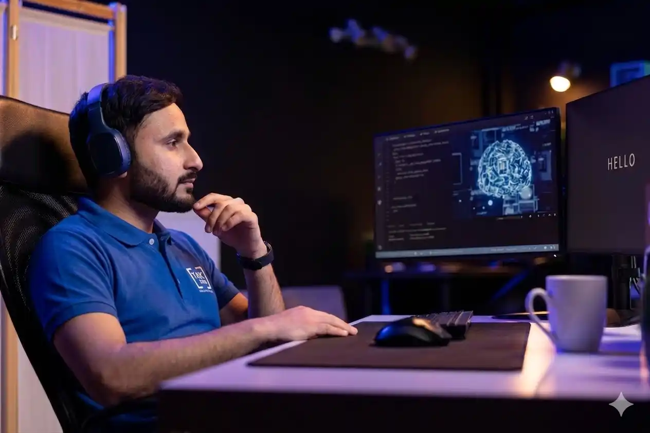 A developer wearing a blue TAK DEVS polo shirt and headphones working on AI software in a dark studio office.