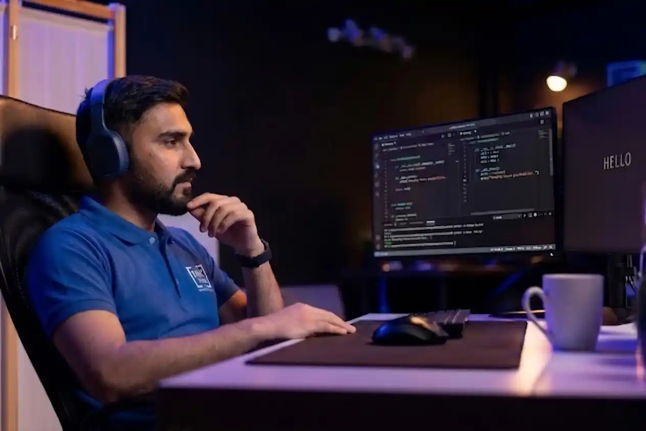 Software engineer working at a computer with code on screen – Tak Devs software engineering services