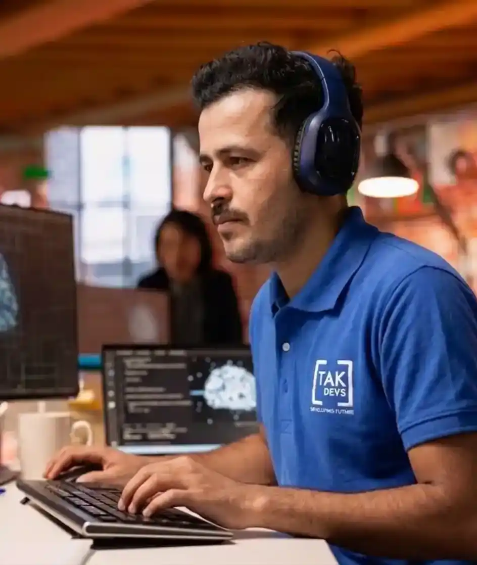 Software developer wearing headphones working on a computer with AI and coding visuals in a modern office environment.