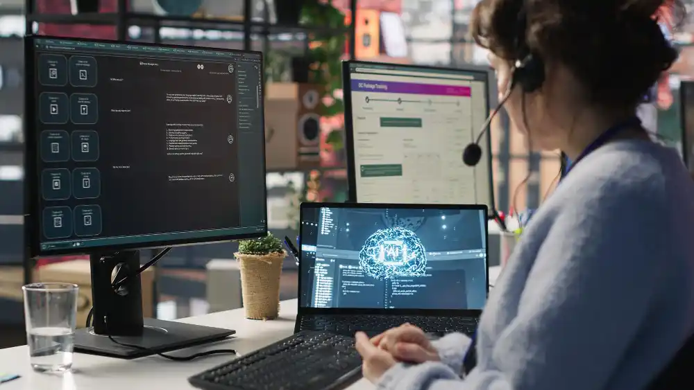 Worker providing live chat support typing on keyboard using ai chatbot