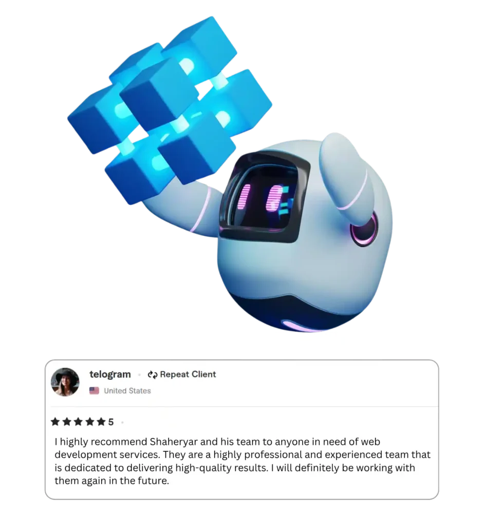 5-star web development testimonial graphic with client review and chatbot illustration