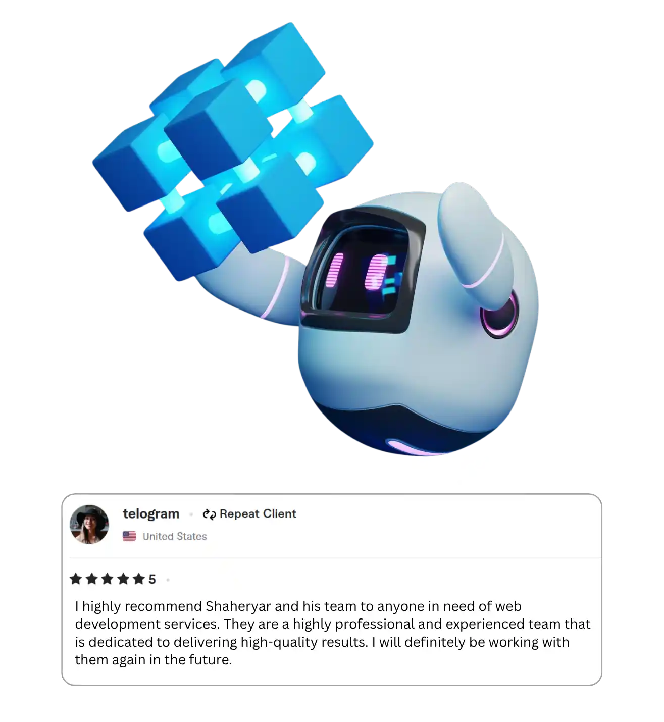 5-star web development testimonial graphic with client review and chatbot illustration