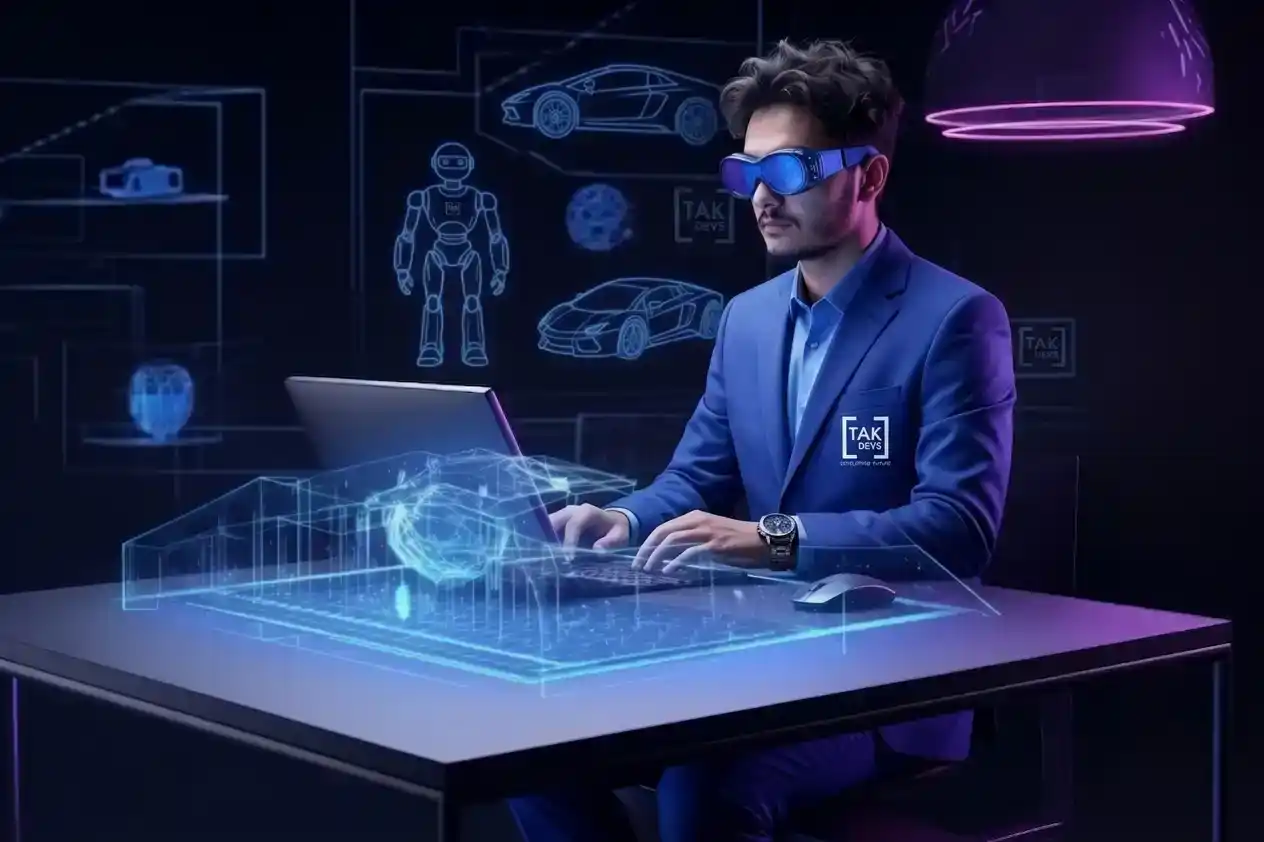 Professional software developer wearing smart glasses working on futuristic technology designs, showcasing innovation and advanced solutions.