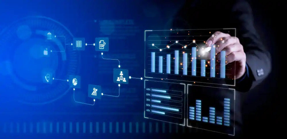 Data analytics dashboard with business intelligence charts, performance metrics, and real-time data visualization