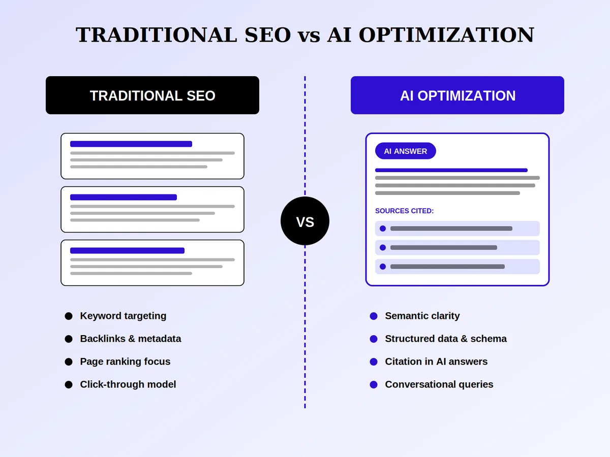 Traditional SEO compared to AI optimization showing keyword targeting versus AI answer citations