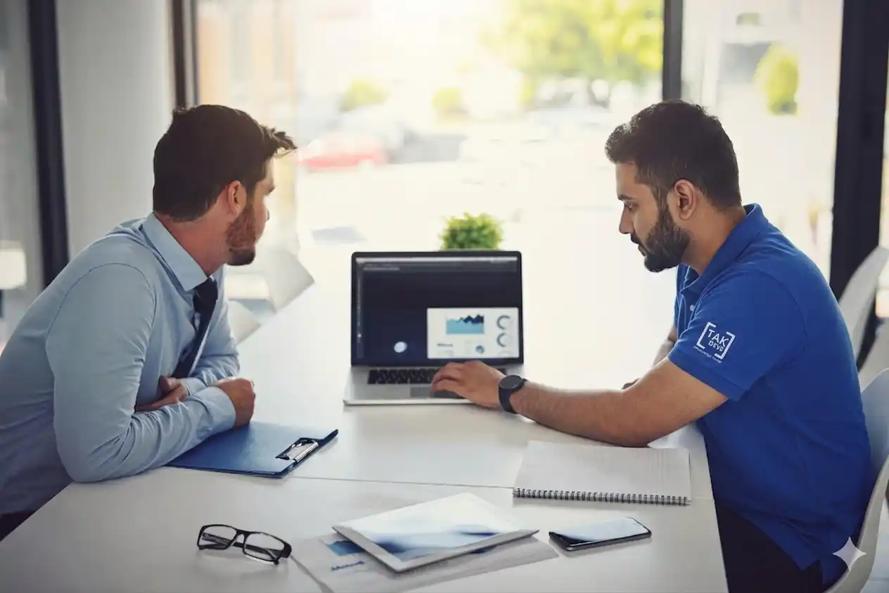 TAK Devs consultants discussing technology strategy and business optimization with client