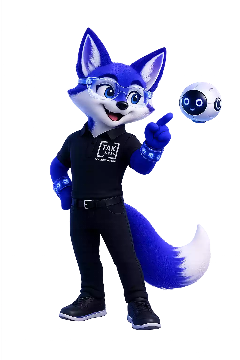 TEKi, the TAK Devs AI fox mascot, standing beside a small floating AI orb