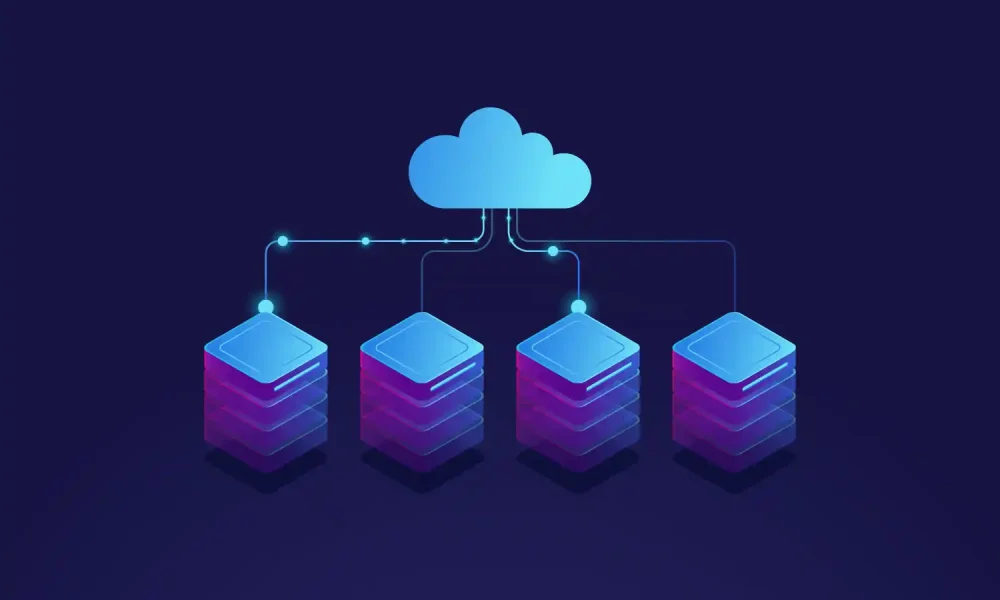 Server room, cloud storage icon, datacenter and database concept, data exchange process